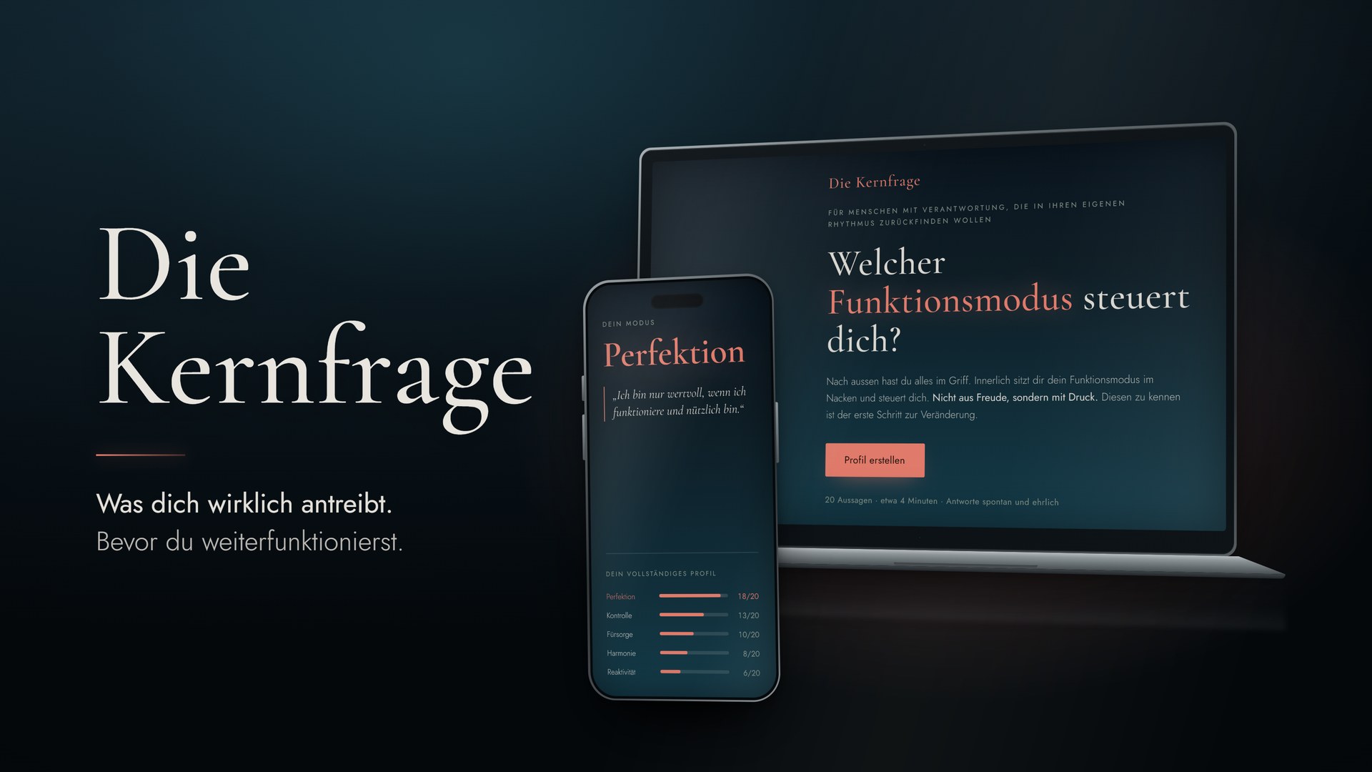 Die Kernfrage. Was dich wirklich antreibt, bevor du weiterfunktionierst. Das Tool auf Laptop und Smartphone mit dem Ergebnis Perfektion.